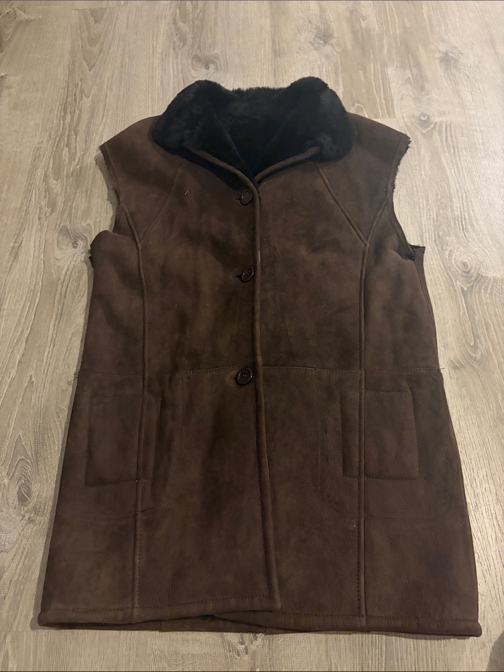 Searle Dark Brown Faux-Suede Button Vest with Faux Fur Collar